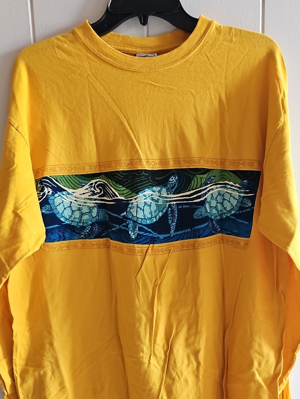 Yellow Men's Long-Sleeve Tee with Sea Turtle Graphic Size Large
